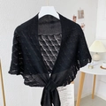 Elegant black hollow-knit knitted shawl wrap tied at front in minimalist style - 5# Black
