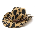 Detail of cow print cowboy hat featuring brown band with metal feather and colorful beads - M(56-58cm) / Camel