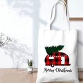 White Christmas canvas tote bag featuring a red plaid camping car and holiday tree print - SD-A-06/Camper Christmas Tree