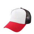 Detailed view of the breathable mesh back and three-color patchwork trucker cap design - Adjustable / Red White