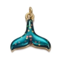 Y2K style golden whale tail pendant with translucent teal resin and glitter inlay - Teal Glitter Whale Tail
