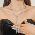 Elegant silver bridal jewelry set with twisted rhinestone necklace and drop earrings - Braided Tassel Silver 2-Piece Set(DTN14026574S)