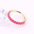 Macro detail of adjustable gold plated ring with rose pink enamel drip and ribbed texture - Adjustable Open / Rose Red
