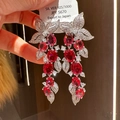 Elegant 925 silver leaf tassel earrings with red oval gemstones and sparkling cubic zirconia - Silver Red Stone Leaf Style (WE4201)