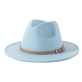 Detailed side view of a light blue wool felt fedora with brown leather band and buckle - M(56-58cm) / Light Blue + Light Khaki Belt