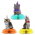 Set of three colorful cat honeycomb centerpieces with party hats for pet birthday decor - Cat Honeycomb Centerpiece
