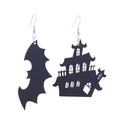 Halloween acrylic earrings set featuring black bat and haunted house on white background - Asymmetric Bat and Ghost House