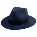 Marineblauer Panama-Strohhut mit klassischer breiter Krempe und schwarzem Dekoband - M (56-58cm) / Marineblau