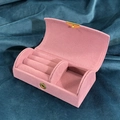 Pink velvet jewelry box detail showing ring slots and golden buckle closure - Portable Arch Jewelry Box / Pink