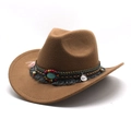 Detail of wool western cowboy hat with ethnic beaded band, tassels and silver coin - M (56-58cm) / Khaki