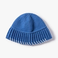 Blue knit beanie with white decorative stitching on a ribbed cuff, stylish winter hat - Blue (21B016)