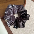 Brown dual-texture scrunchie featuring satin finish and bamboo leaf print design - T189-2 Vintage Bamboo Leaf Satin