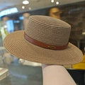 Flat top wide brim straw sun hat with brown leather band and gold metal hardware - Khaki Metal Buckle