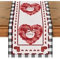 Macro detail of red rose love hearts and black buffalo plaid on linen holiday table runner - Black White Plaid Edge Rose Heart LOVE Style (ZQ42-14) / 33*183cm