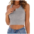 Detail of ribbed knit grey halter top featuring three decorative buttons at the neckline - XS / Tops / Gray