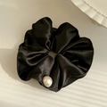 Elegant black satin hair scrunchie featuring a white pearl detail for women - Black