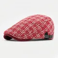 Retro red and white knit tweed ivy cap with adjustable black leather strap buckle - 55-60cm (Adjustable) / Red