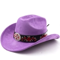 Detail of purple faux suede cowboy hat featuring floral embroidery and silver turquoise buckle - M(56-58cm) / Taro Purple