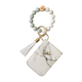 Silicone bead keychain with marble PU card holder and grey-green bracelet wristlet - Marble White