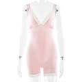Detailed close-up of pink V-neck bodysuit with white lace trim and smooth elastic fabric - S / Pink