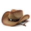 Vintage western cowboy straw hat with turquoise buckle and adjustable wind chin cord - M (56-58cm) / Khaki Rust Red Gradient