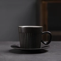Japanese style black ceramic coffee cup and saucer set with vertical striped texture - 263-e Vertical Striped Coffee Mug + Saucer (black) 170ml / Universal