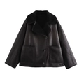 Women's vintage black faux leather jacket with plush shearling collar and front buttons - XS / Black