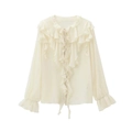 Elegante crèmewitte chiffon blouse met ruches en een modieuze strik bij de halslijn - XS / Broken Wit