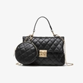 Quilted black crossbody bag with matching round coin purse and gold chain strap - Black