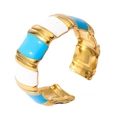 Detailed macro of 18k gold plated C-shape ring with blue and white enamel bamboo texture - Adjustable Open / Style 2 (Blue & White Stripe)