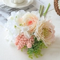 Artificial flower bouquet with pink roses, white hydrangeas, and green eucalyptus leaves - Dahlia Bouquet
