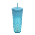 Reusable blue plastic tumbler with studded diamond texture and matching straw - Laser Blue