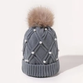 Winter gray cable knit beanie with faux pearls and a large fluffy brown pompom - Gray
