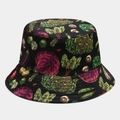 Detailed close-up of a black reversible bucket hat with colorful hand-painted vegetable print - Black Base Full Vegetable Print (19# Color)