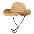 Classic straw cowboy sun hat with wide brim, decorative pink cord and chin strap - M (56-58cm) / Khaki