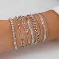 Macro view of 8-piece silver beaded and layered chain bracelet set with metallic luster - 07 White K8 Set 4572