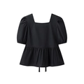 Detail view of black puff sleeve top featuring an open back with elegant ribbon tie design - S / Black