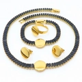Gouden titanium stalen sieradenset met zwarte zirkoon steen, inclusief ketting en ring - Gouden Basis Met Zwarte Steen (KS200989-LX)