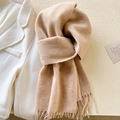 Elegant camel pure wool scarf with soft fringes and thick knit texture for winter - Marled Camel