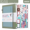 Green undated daily planner notebook with 400 pages, elastic band and colorful stickers - Matcha Green + 8 Sheets Planning Stickers