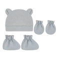Ensemble 3 pièces pour bébé avec bonnet à oreilles d'ours et moufles en bleu - Gris Bleu