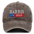 Close-up of Harris 2024 embroidery on dark grey washed cotton baseball cap - Coffee