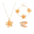 Golden jewelry set featuring textured flower necklace, bracelet, and open ring for women - Gold 3-Piece Set: Ring + Bracelet + Necklace
