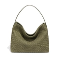 Army green woven leather tote bag with Intrecciato pattern on white background - Olive Green