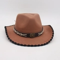 Classic brown jazz hat with bull head metal buckle and black wave edge stitching - Khaki Black Edge