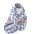 Sciarpa a quadri blu e bianchi con stampa floreale e nappe su sfondo bianco - 190*70cm / Celeste