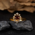 S925 silver 18K gold plated ring with round red garnet and white diamond snowflake - Natural Garnet Japanese Style Ring LR376