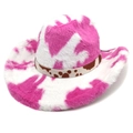 Chapeau de cowboy en peluche à motif vache rose et blanc avec ruban tacheté marron - M (56-58cm) / Bord Pincé Rose Imprimé Vache