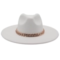 Detail of white wool felt fedora featuring a wide brim and rose gold thick chain - Adult (57-60cm) / White (Acrylic)