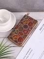 Bohemian mandala honeycomb print long wallet with zipper and gold hardware on white desk - Style G